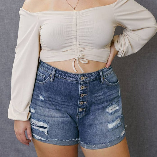 Plus High Rise Mended Shorts with Single Cuff