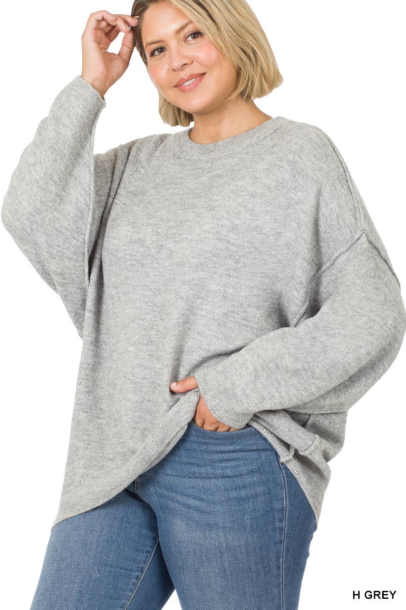 Plus Oversized Round Neck Raw Seam Melange Sweater