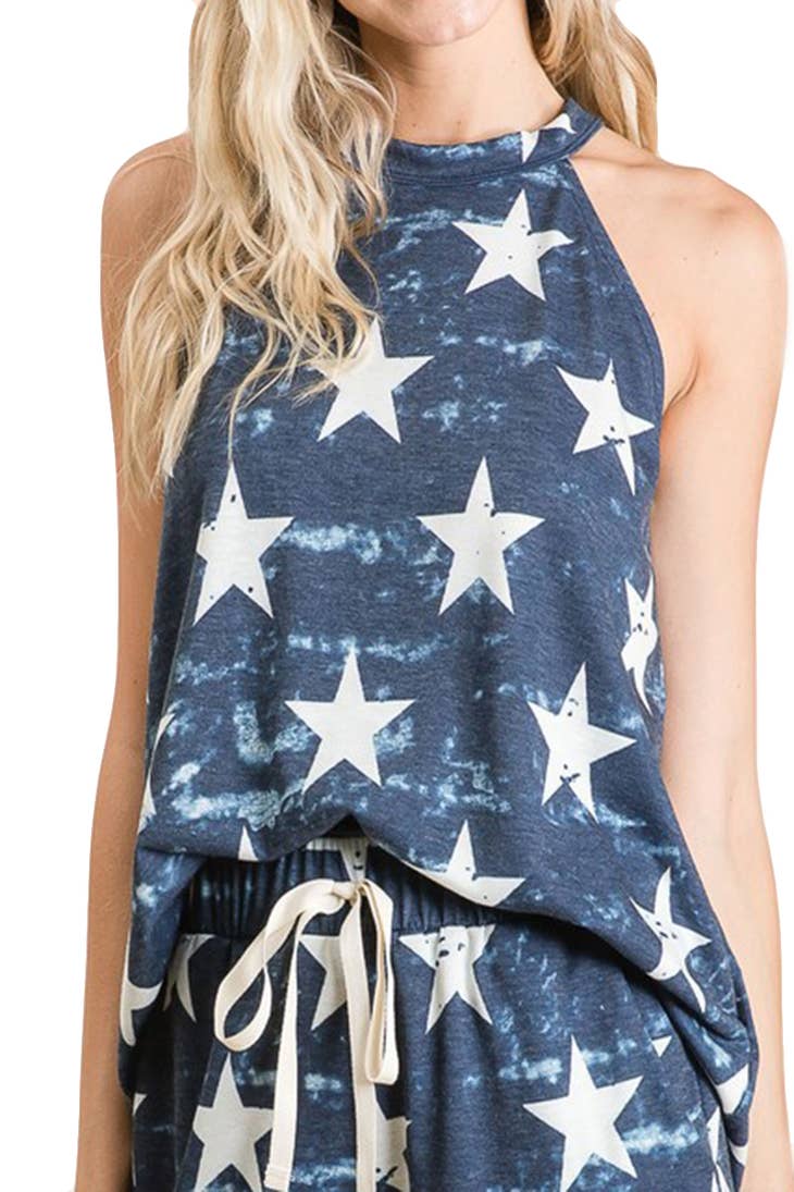 Vintage Star Print Terry Halter Neck Top