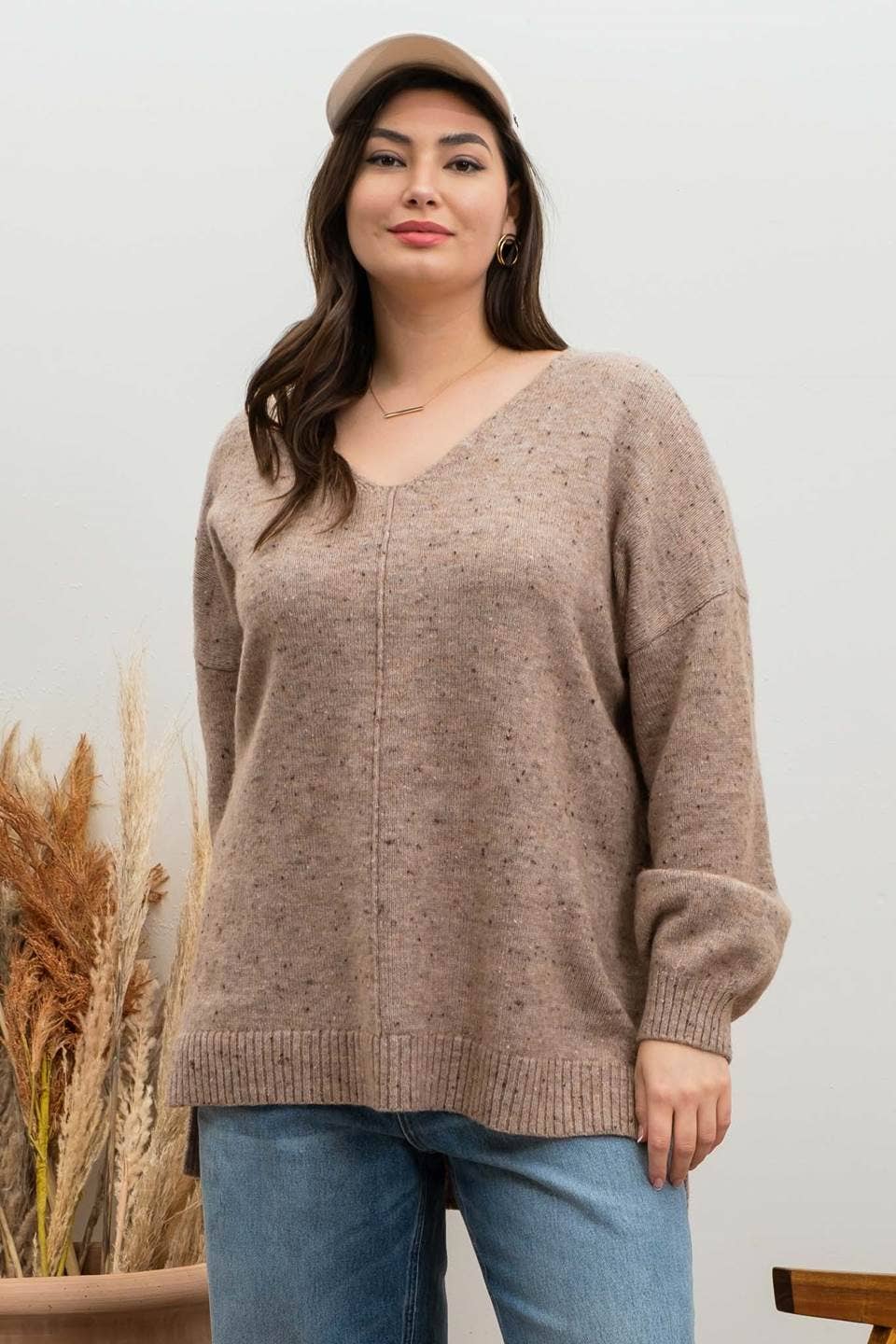 PLUS V NECK SPECKLED KNIT SWEATER