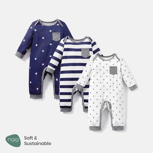 Baby Boy Star Print/Stripe Long-sleeve Jumpsuits
