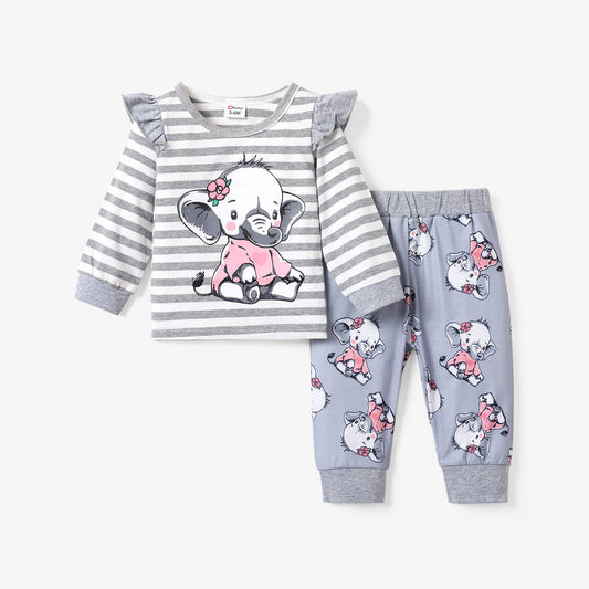 2pcs Baby Girl Elephant Grey Top and Trousers Set