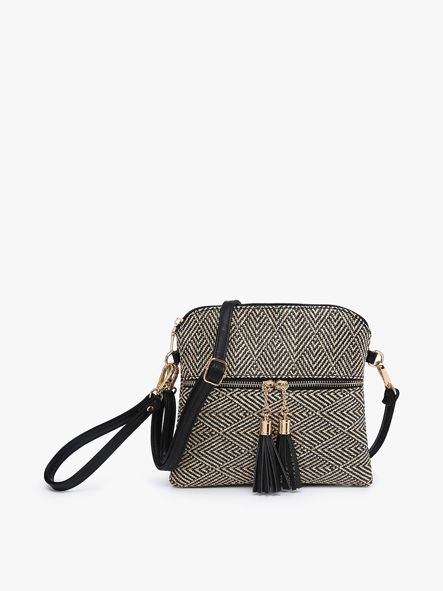 Tara Arrowhead Crossbody w/ Front Zip Pocket: Black/Tan