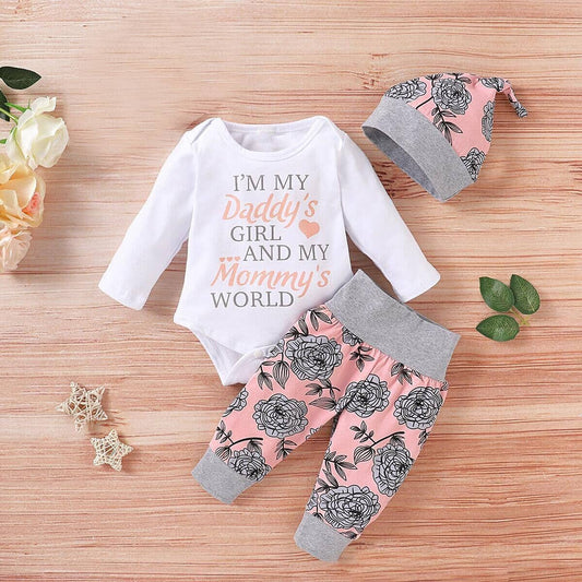 3-piece Baby Girl Floral Bodysuit & Pants & Hat