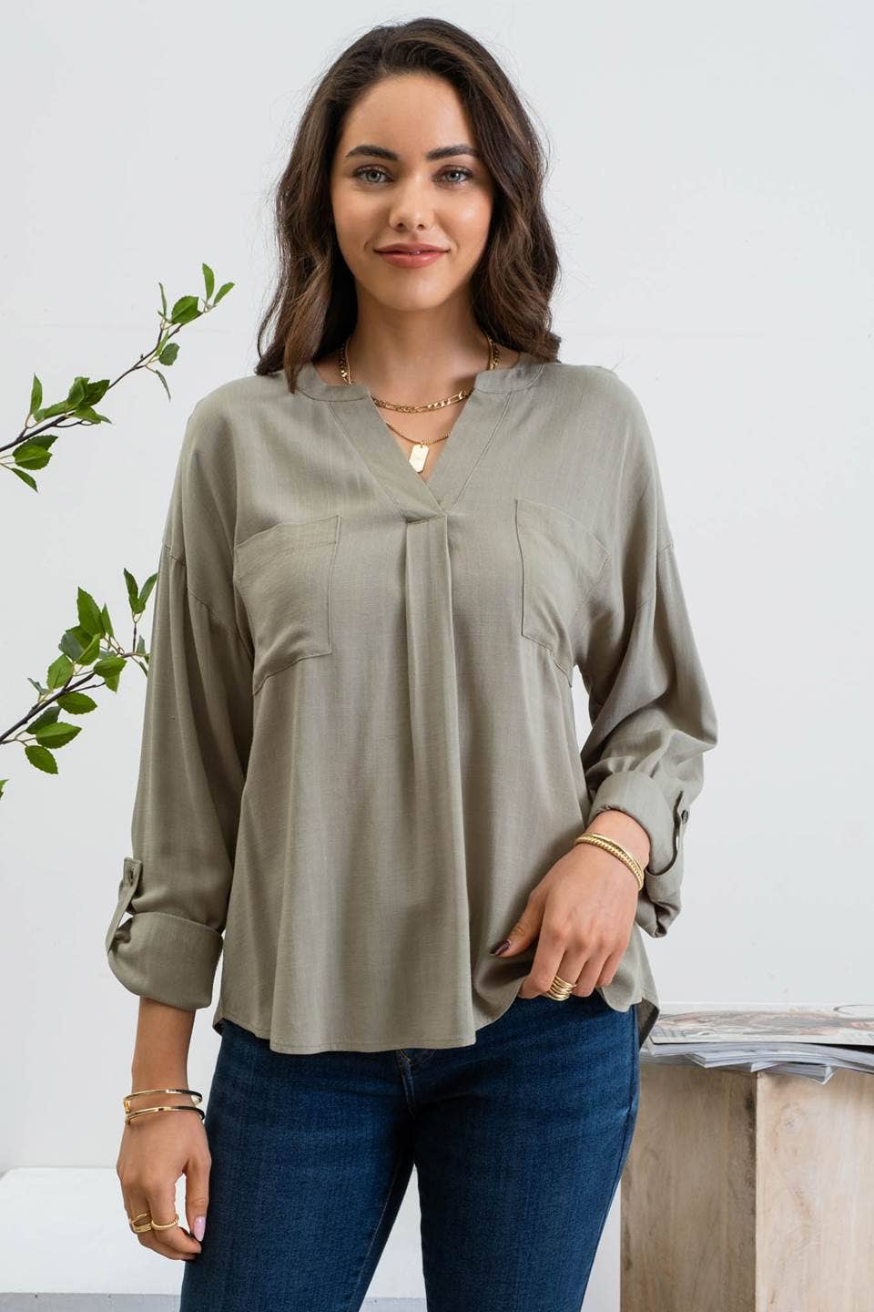 Split Neck Button Top