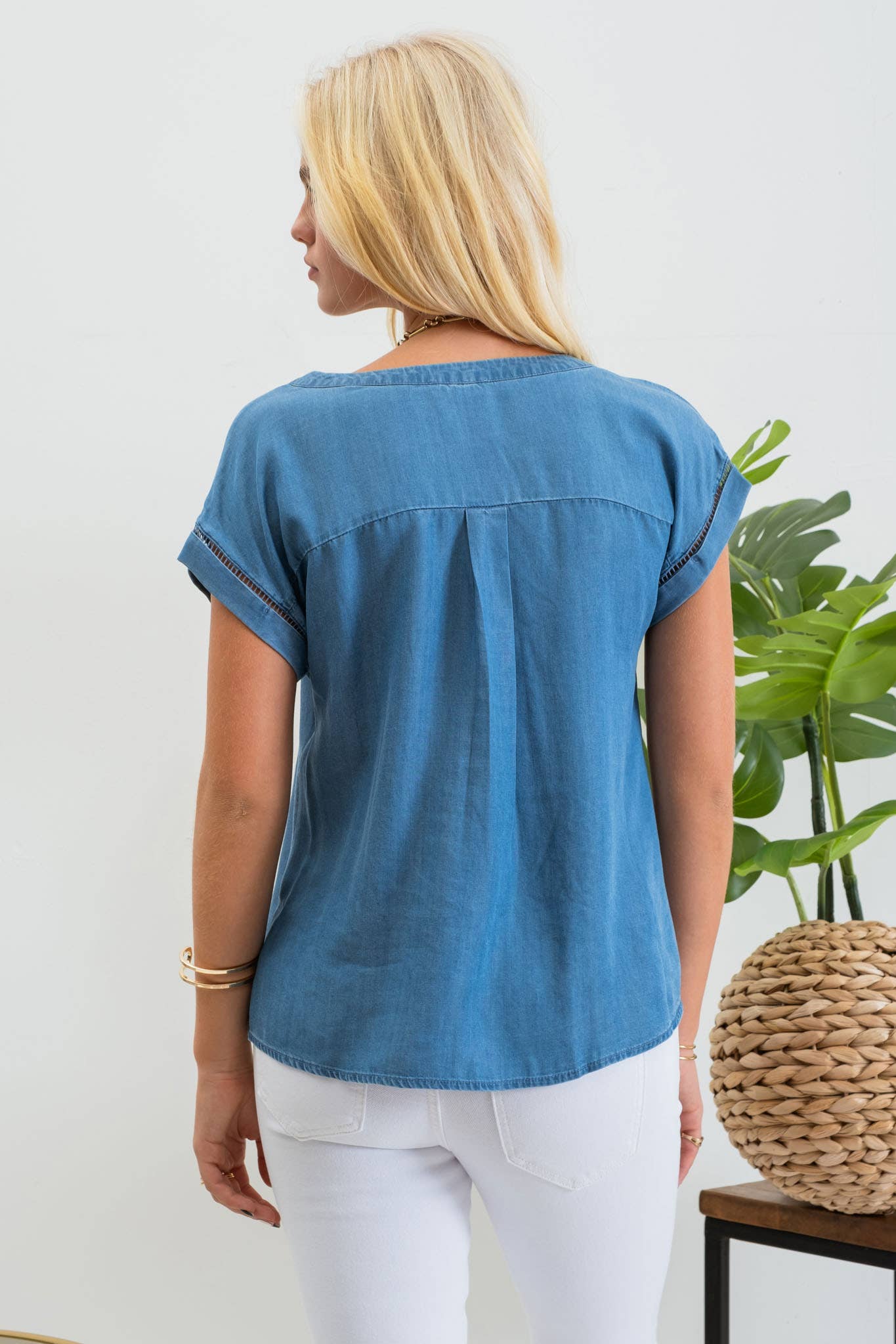 Split Neck Lace Trim Chambray Top