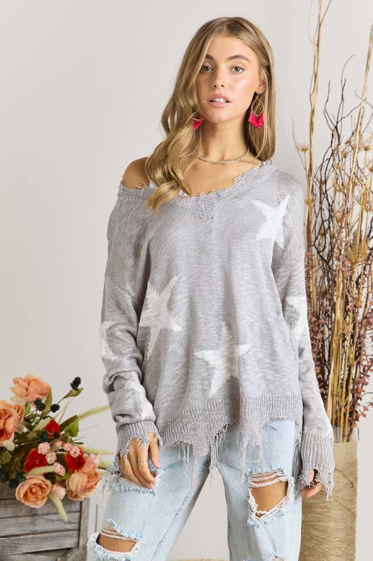 Star Print Grayed Hem Sweater