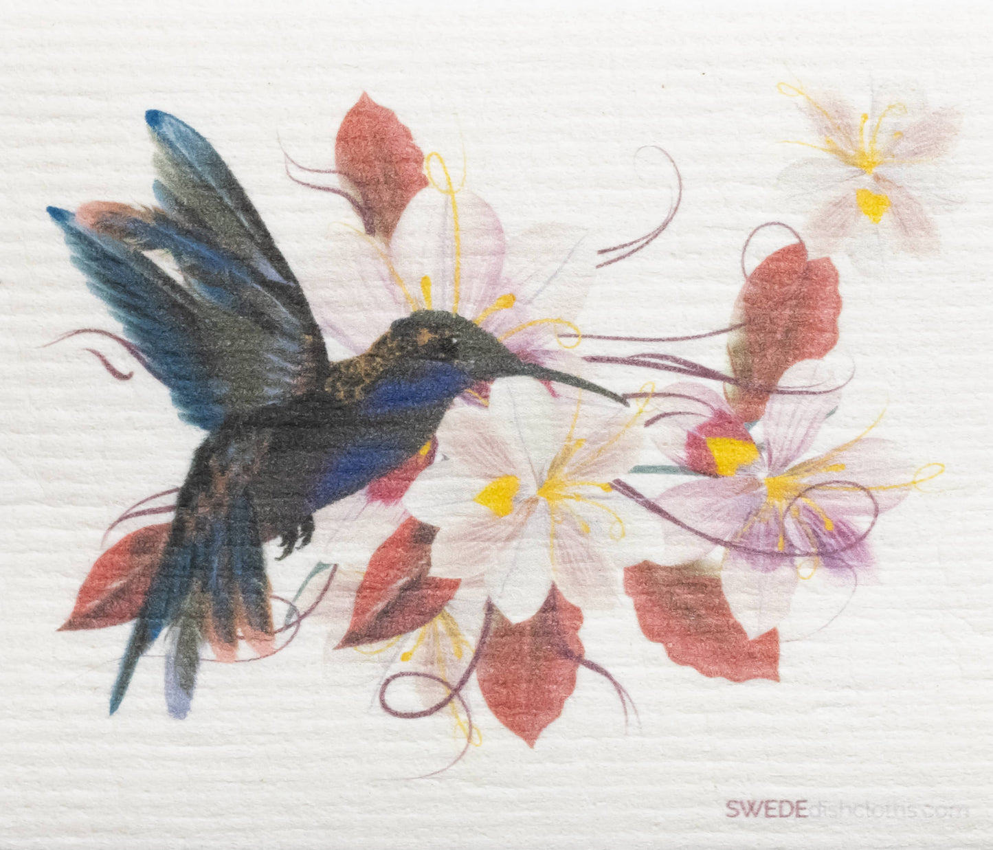 Swedish Dishcloth Hummingbird and Red Flowers