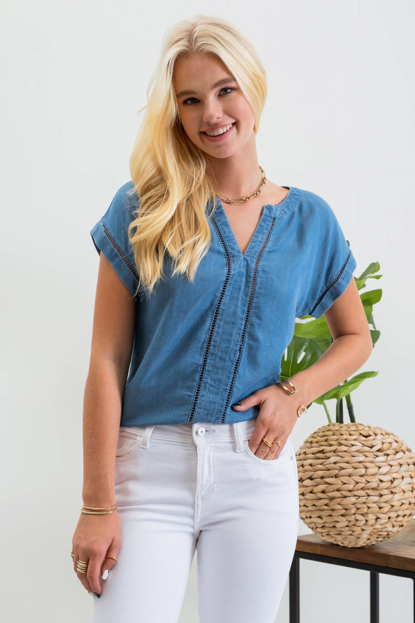 Split Neck Lace Trim Chambray Top