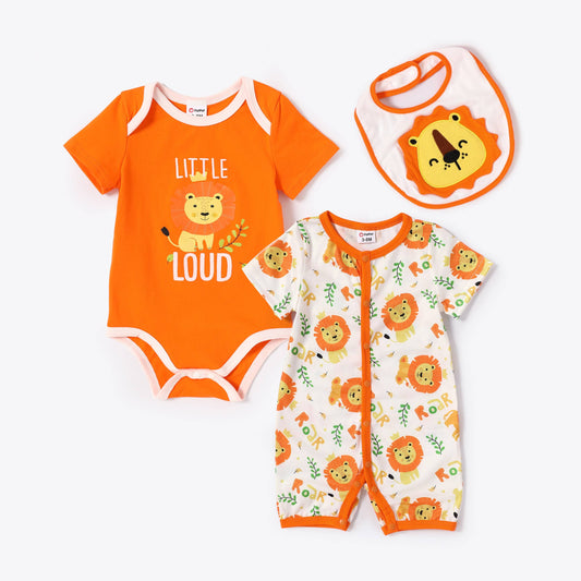 3pcs Baby Unisex Lion Print Romper and Jumpsuit and Bib Set