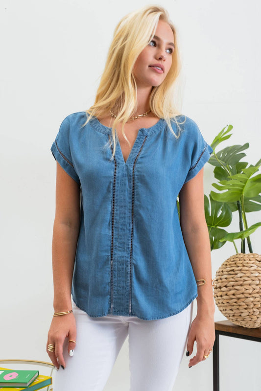 Split Neck Lace Trim Chambray Top