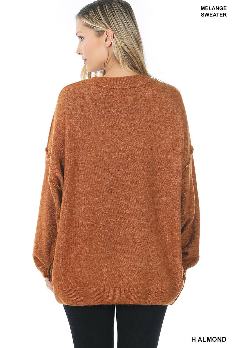 Oversized Round Neck Raw Seam Melange Sweater