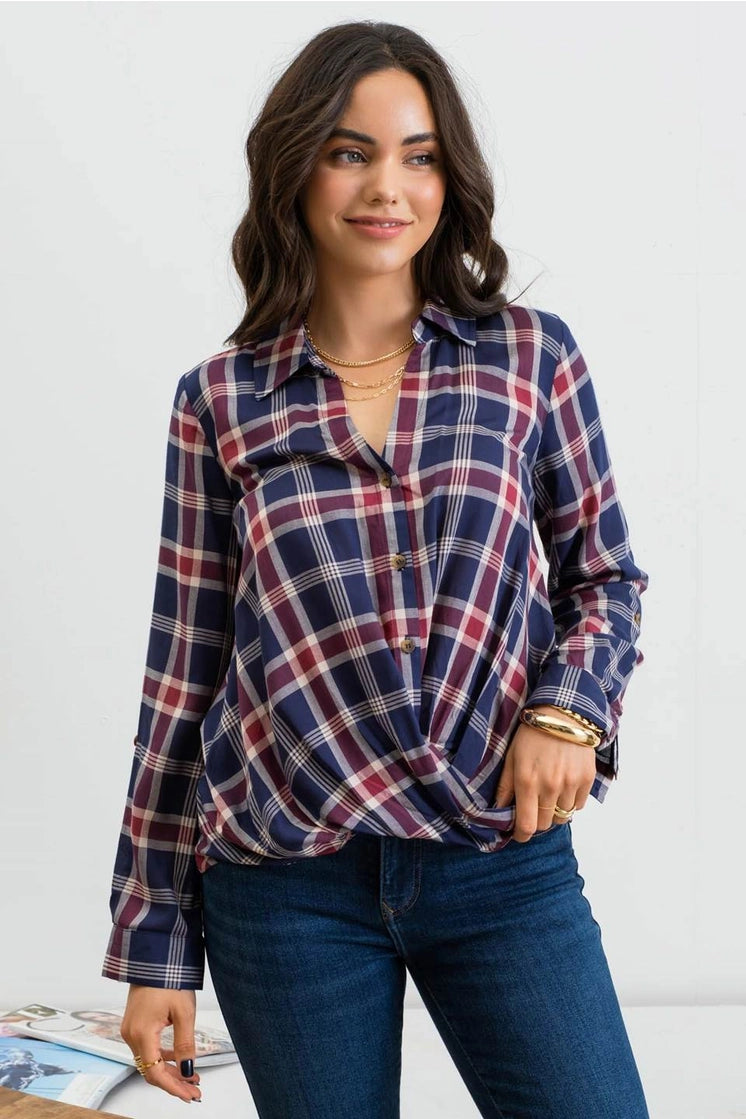 PLAID BUTTON DOWN WRAP FRONT TOP