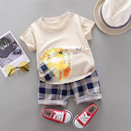 2pcs Toddler Boy Playful Lion Tee and Plaid Shorts Set