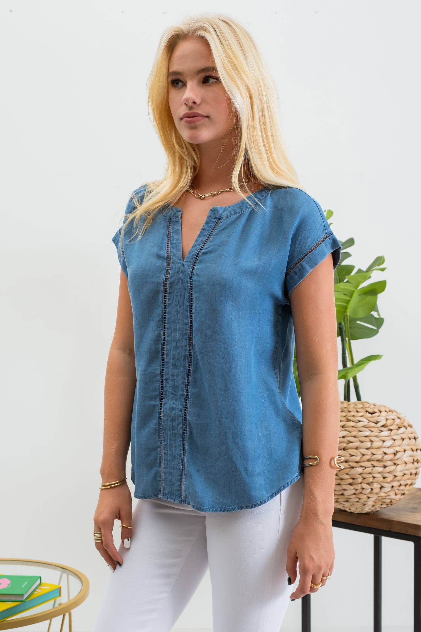 Split Neck Lace Trim Chambray Top