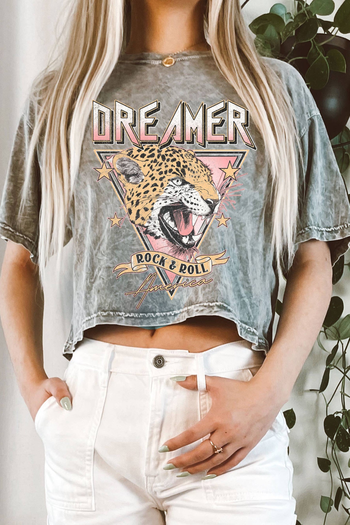 DREAMER ROCK AND ROLL LEOPARD MINERAL GRAPHIC LONG CROP TOP