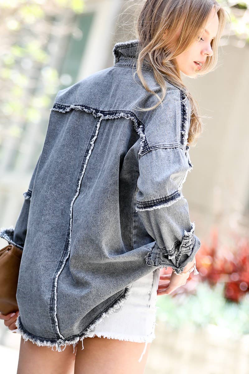 Fringe hemming washed denim shirt jacket