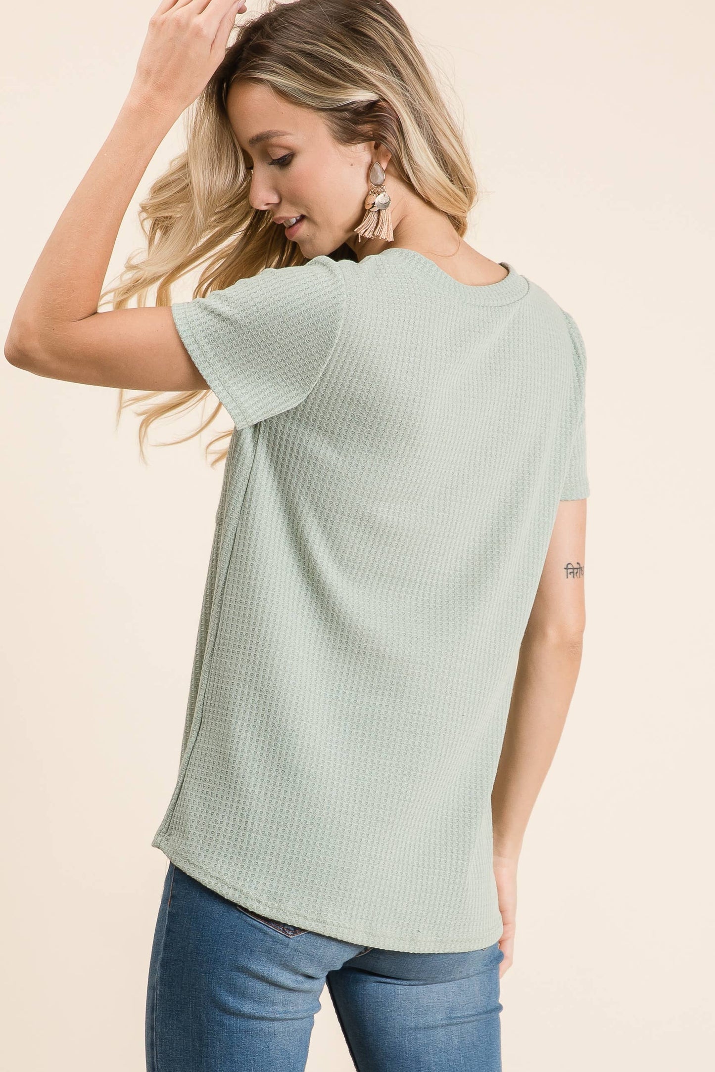 V-neck Waffle Knit Pocket Top