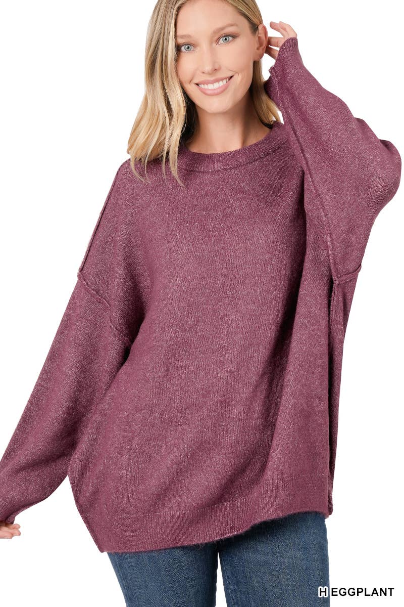 Oversized Round Neck Raw Seam Melange Sweater