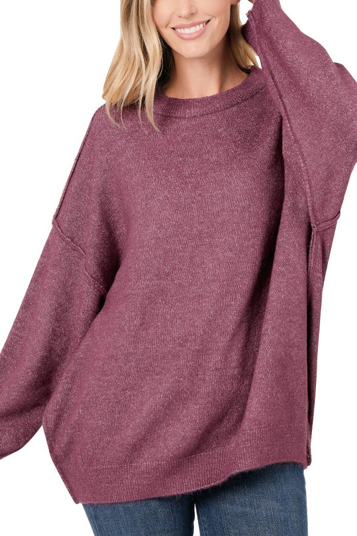 Oversized Round Neck Raw Seam Melange Sweater