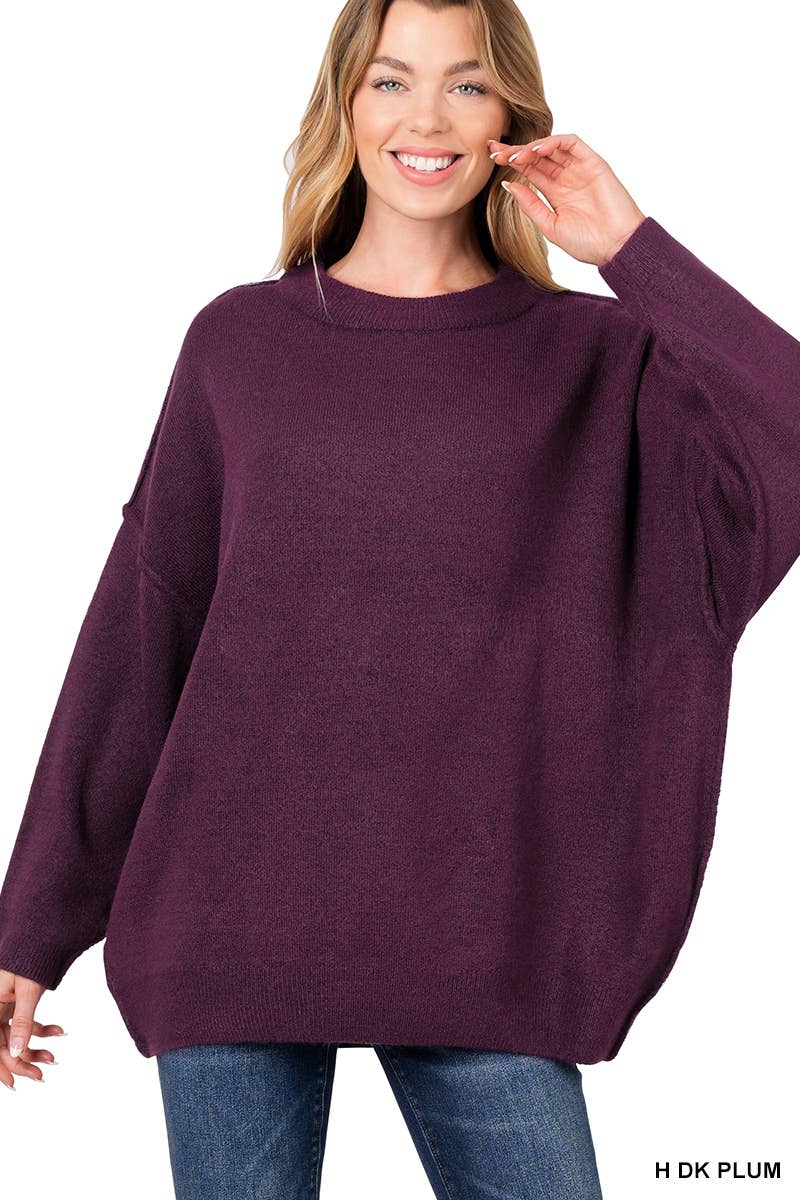 Oversized Round Neck Raw Seam Melange Sweater