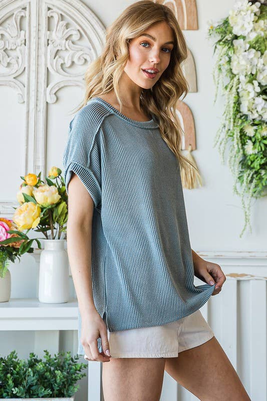 Solid Rib Drop Shoulder Top